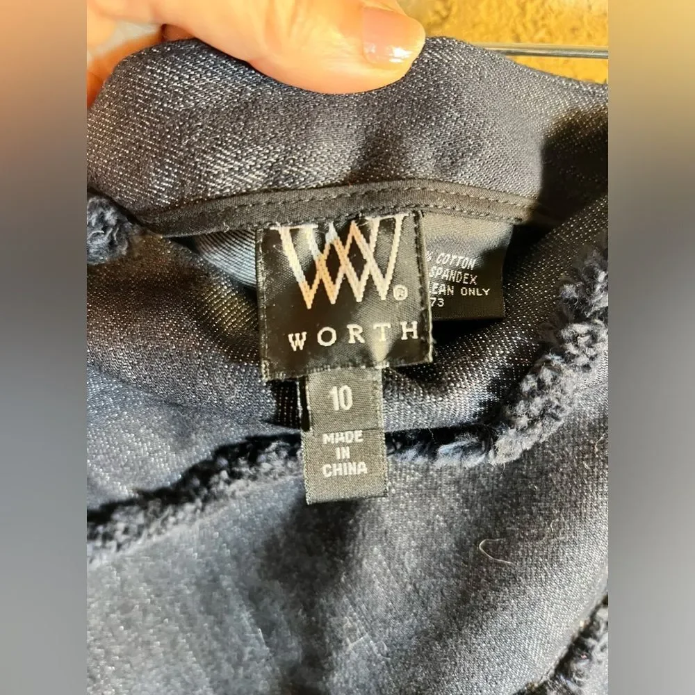 Denim skirt by WORTH w frayed diagonal detail, mini, excellent quality NWOT